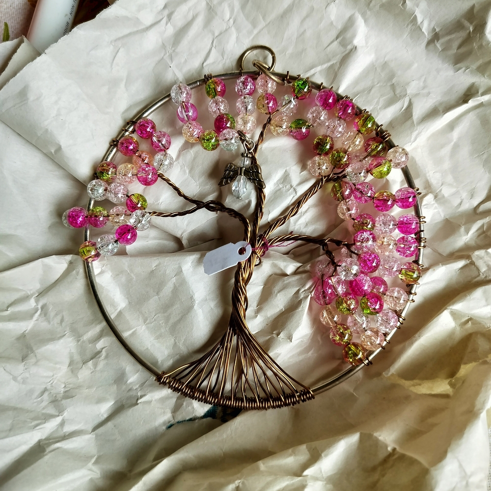 Pink and Green Beaded Tree of Life Pendant